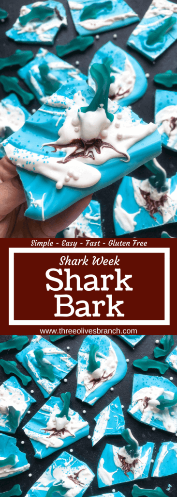 Just 10 minutes to make Shark Bark! Candy melts with sprinkles, gummy sharks, and a shark attack scene using red food gel. Gluten free (GF) quick and easy dessert recipe for shark or ocean party. Shark Week Shark Bark | Three Olives Branch | www.threeolivesbranch.com #sharkweek #ocean #sharkattack