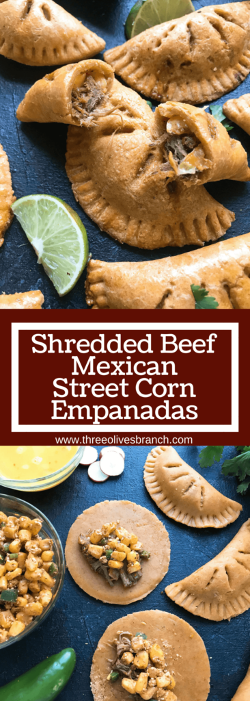 Empanadas stuffed with shredded beef and a Mexican Street Corn Salsa (elote) recipe of corn, cotija cheese, jalapeno, lime, chili powder, cilantro, and salt. A fun Mexican appetizer or snack. Use pie crust or make your own dough and leftover beef or steak if desired. Shredded Beef and Mexican Street Corn Empanadas | Three Olives Branch | www.threeolivesbranch.com #cincodemayo #fiesta