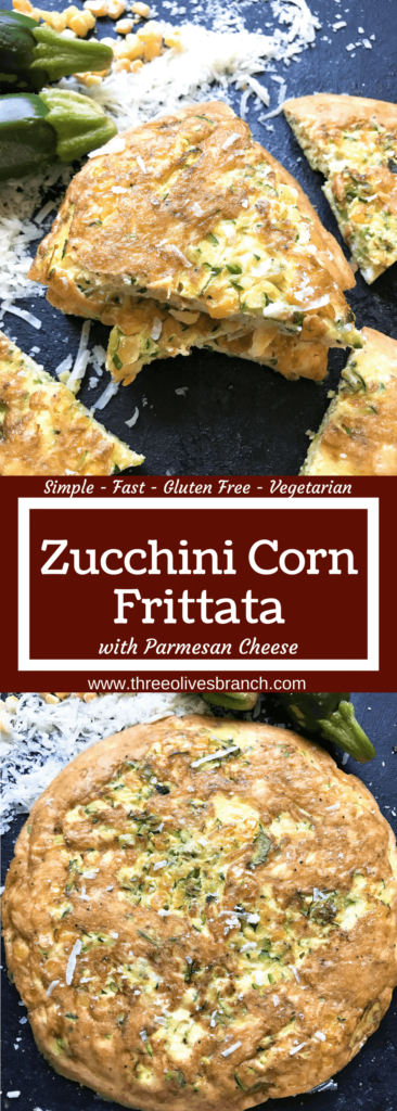 Ready in 20 minutes, this fast and simple breakfast or brunch recipe is full of zucchini, corn, and Parmesan cheese mixed with egg. Gluten free (GF) and vegetarian. Vegetarian Zucchini Corn Frittata | Three Olives Branch | www.threeolivesbranch.com