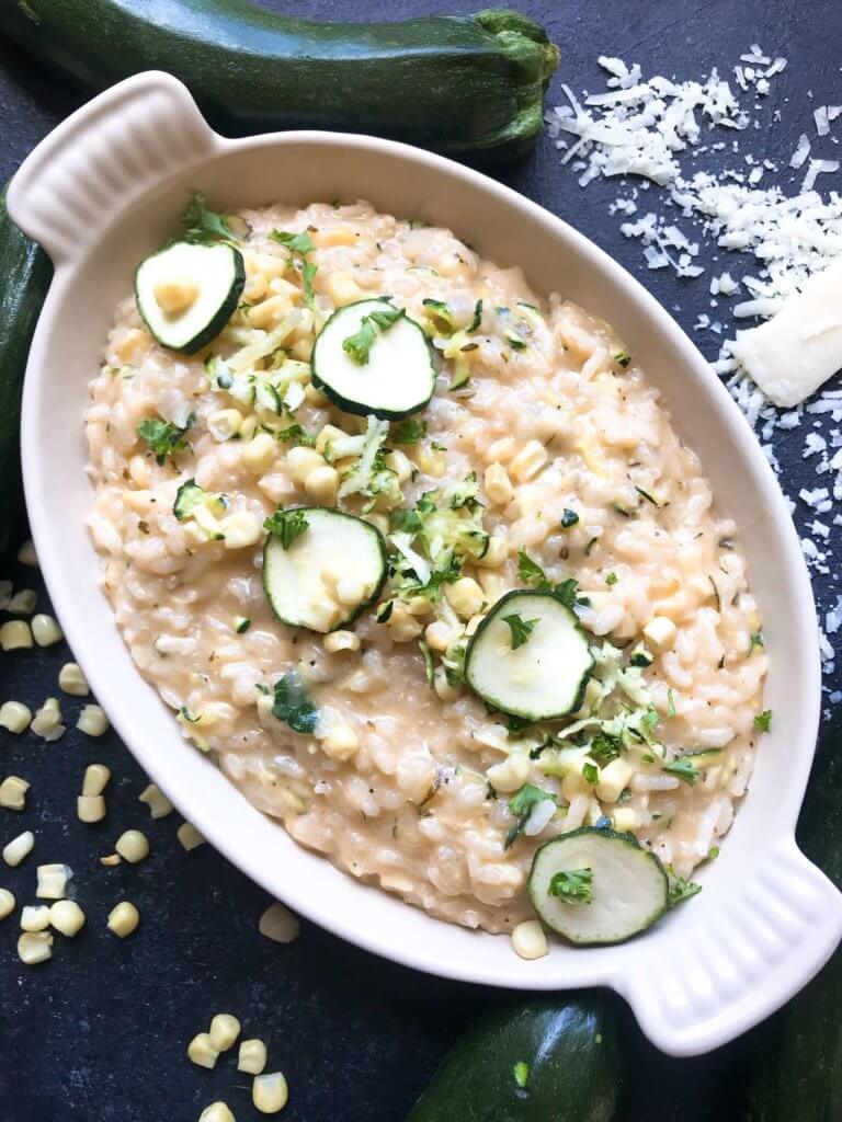 Classic Italian side dish with fresh zucchini and corn. Creamy arborio rice with Parmesan. Gluten free (gf) and vegetarian. Zucchini Corn Risotto with Parmesan Cheese | Three Olives Branch | www.threeolivesbranch.com #risotto #italianrecipe #zucchini #glutenfree #vegetarianrecipe