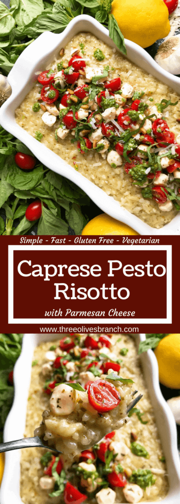 Fresh and bright flavors infused into an Italian risotto recipe. Fresh basil pesto, cherry tomatoes, and fresh mozzarella mixed into a creamy Parmesan cheese risotto. Gluten free and vegetarian comfort food. Add a protein like chicken, steak, beef, shrimp, tofu, or eat on its own. Caprese Pesto Risotto | Three Olives Branch | www.threeolivesbranch.com #italianrecipe #risotto #vegetarianrecipe
