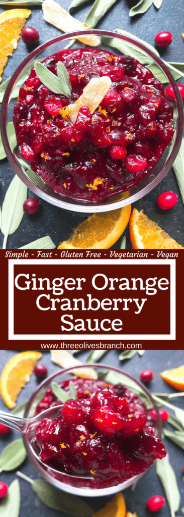 A quick and simple cranberry sauce recipe ready in 10 minutes. Flavored with ginger and orange, this sauce is vegetarian, vegan, and gluten free (GF). Perfect for Thanksgiving, Christmas, Easter, and holiday side dish. Make ahead! Ginger Orange Cranberry Sauce | Three Olives Branch | www.threeolivesbranch.com #thanksgiving #cranberrysauce #christmas