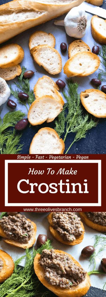 10 minutes to make toasted bread crostini! A perfect appetizer for game day, parties, and holiday entertaining. Top with your favorite spread or dip. Vegan and vegetarian recipe. How To Make Crostini | Three Olives Branch | www.threeolivesbranch.com #holidayappetizer #veganrecipe 