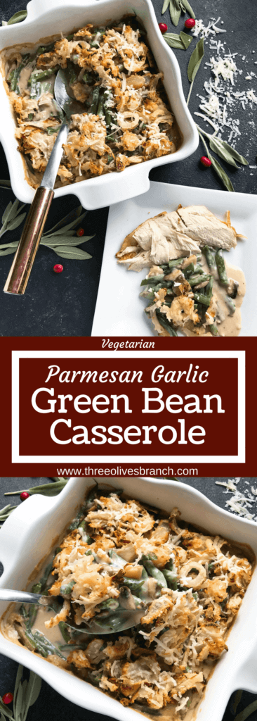 A twist on a classic holiday side dish. Parmesan and garlic enhance a homemade green bean casserole made from scratch. Make in advance for quick assembly on Christmas, Thanksgiving, Easter, or other holiday meals. Vegetarian. Parmesan Garlic Green Bean Casserole | Three Olives Branch | www.threeolivesbranch.com #thanksgivingrecipes #greenbeancasserole #holidayrecipes #christmasrecipes