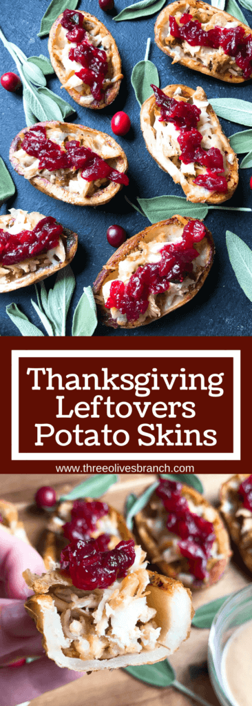 A fun recipe to use leftover Thanksgiving food! Stuffing, turkey, and cheese are layered in a potato skin shell and topped with cranberry sauce and gravy. Use any leftover like green bean casserole! Thanksgiving Leftovers Potato Skins | Three Olives Branch | www.threeolivesbranch.com #thanksgivingrecipes #thanksgivingleftovers