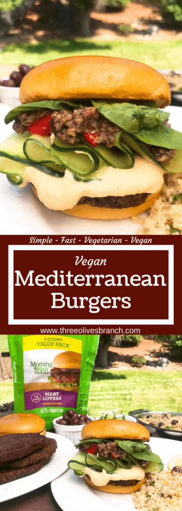 Vegan burgers topped with cucumber, olive tapenade, roasted red peppers, hummus, and spinach. Made with MorningStar Farms® Meat Lovers Burgers, these burgers are ready in just 20 minutes. Vegan Mediterranean Burgers #grilling #MorningStarFarms #MakeRoomOnYourGrill #ad