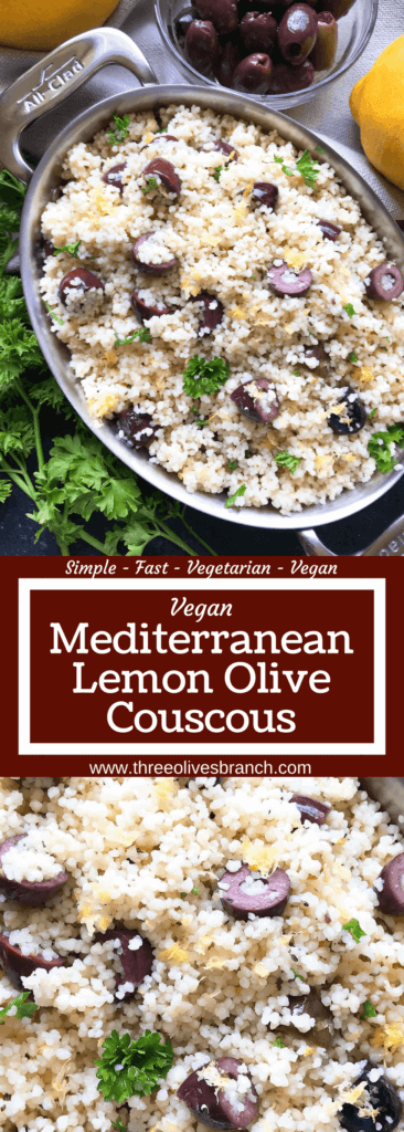 Ready in less than 10 minutes, this Vegan Mediterranean Lemon Olive Couscous recipe is full of fresh and bright flavors for a light side dish. Great with chicken, seafood, and vegetables. A simple and easy recipe to make. #fastrecipes #olives #lemon #sidedishrecipes