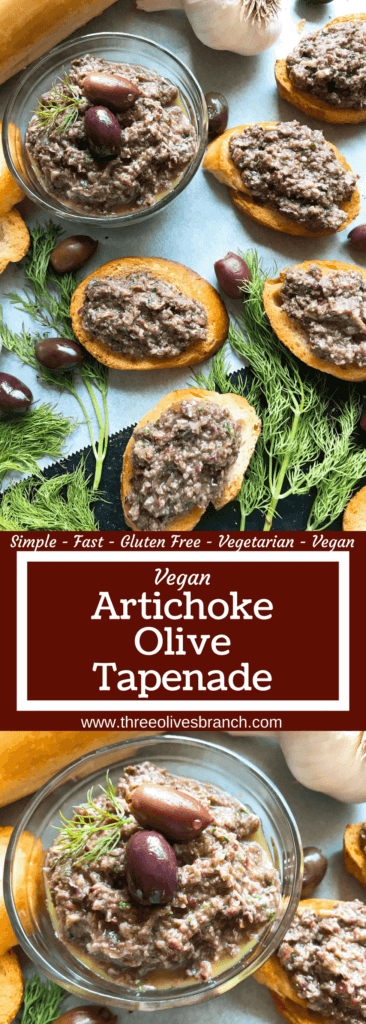 Ready in 5 minutes, this tapenade recipe is vegan, vegetarian, paleo, keto low carb, Whole 30, and gluten free (GF). Perfect as a holiday appetizer for Christmas, Thanksgiving, Easter, and more. Serve with crostini, chicken, pasta, vegetables, and more. Vegan Artichoke Olive Tapenade #holidayappetizer #olive #veganrecipe