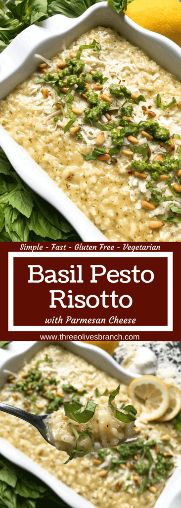 Cheesy Italian Parmesan risotto recipe mixed with fresh basil pesto. Vegetarian and gluten free (GF). Eat on its own, as a side dish, or add your favorite protein. Basil Pesto Risotto | Three Olives Branch | www.threeolivesbranch.com #vegetarianrecipes #risotto #italianrecipes #glutenfree #pesto