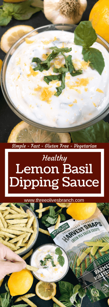 Ready in just minutes, this easy dipping sauce recipe is made with plain Greek yogurt, fresh basil, lemon, and garlic. Dunk your favorite vegetables, chips, or Harvest Snaps! Quick appetizer or snack that is gluten free (gf) and vegetarian. Healthy Lemon Basil Dipping Sauce with Harvest Snaps #appetizerrecipes #glutenfree #vegetarian