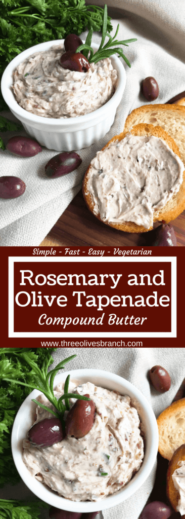 Less than 5 minutes to make a flavored butter recipe. Gluten free (gf) and vegetarian, serve this butter with bread, on chicken, steak, or vegetables for a low carb keto option, or in pasta. Fast and simple, perfect for holiday entertaining and appetizers. Rosemary and Olive Tapenade Compound Butter #compoundbutter #holidayappetizer