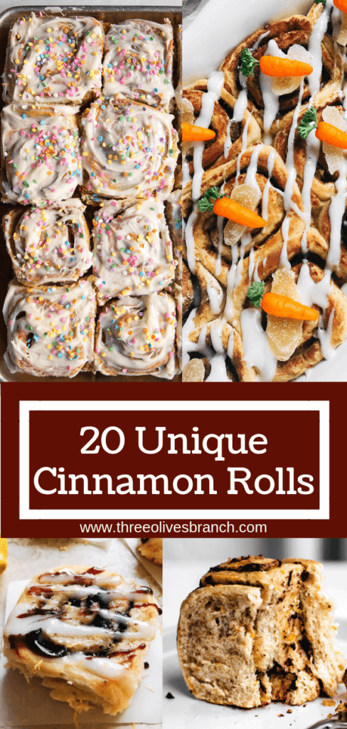 20 Unique Cinnamon Rolls recipes and sweet rolls to inspire your breakfast or brunch. Great for holiday cooking and events. Comfort food baking. Three Olives Branch #comfortfood #cinnamonrolls 