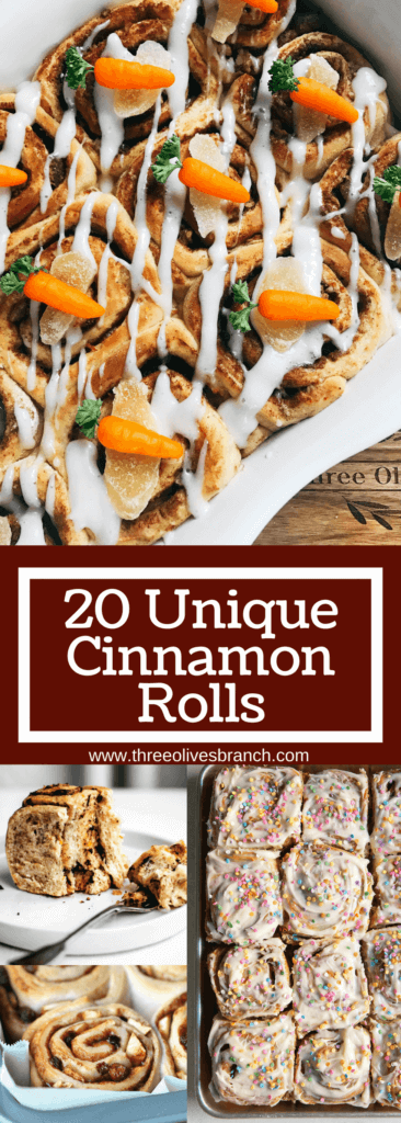 20 Unique Cinnamon Rolls recipes and sweet rolls to inspire your breakfast or brunch. Great for holiday cooking and events. Comfort food baking. Three Olives Branch #comfortfood #cinnamonrolls 