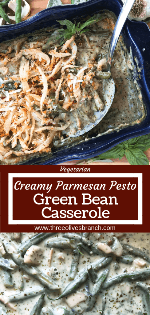 An Italian twist on a classic holiday side dish. Fresh basil pesto and Parmesan cheese enhance a homemade green bean casserole recipe made from scratch. Make in advance for quick assembly on Christmas, Thanksgiving, Easter, or other holiday meals. Vegetarian. Parmesan Pesto Green Bean Casserole | Three Olives Branch | www.threeolivesbranch.com #thanksgivingrecipes #greenbeancasserole #holidayrecipes #christmasrecipes