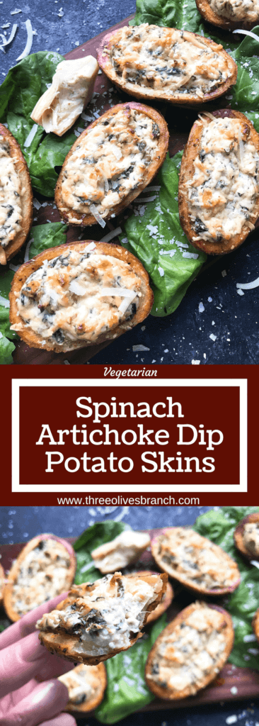 Classic spinach artichoke dip stuffed in potato skin shells. Great recipe for game day, holiday entertaining, and party appetizer. Vegetarian and gluten free. Spinach Artichoke Dip Potato Skins #appetizer #spinachartichokedip