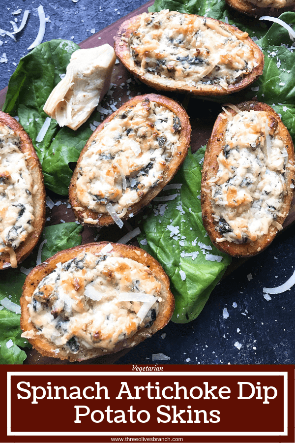 Classic spinach artichoke dip stuffed in potato skin shells. Great recipe for game day, holiday entertaining, and party appetizer. Vegetarian and gluten free. Spinach Artichoke Dip Potato Skins #appetizer #spinachartichokedip