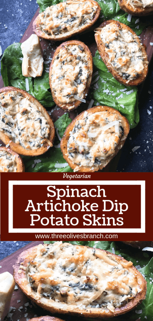 Classic spinach artichoke dip stuffed in potato skin shells. Great recipe for game day, holiday entertaining, and party appetizer. Vegetarian and gluten free. Spinach Artichoke Dip Potato Skins #appetizer #spinachartichokedip