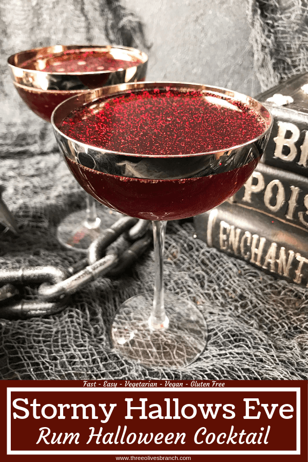 pin image for Stormy Hallows Eve Rum Halloween Cocktail with title at bottom