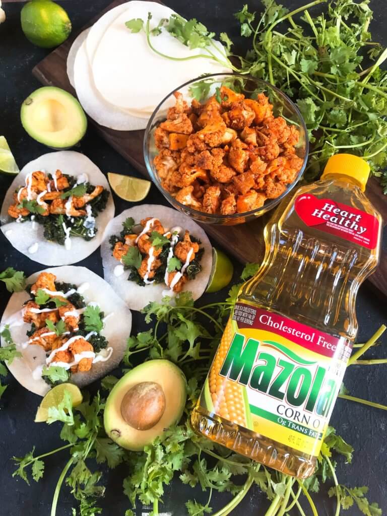 Simple and easy roasted cauliflower taco recipe seasoned with smoked paprika, lime, and Mazola corn oil. Vegetarian, vegan, low carb keto, and gluten free (gf). Fresh and simple Mexican recipe. Smoked Paprika and Lime Cauliflower Tacos #tacotuesday #mexicanrecipes #MakeItMazola #simpleswap #ad