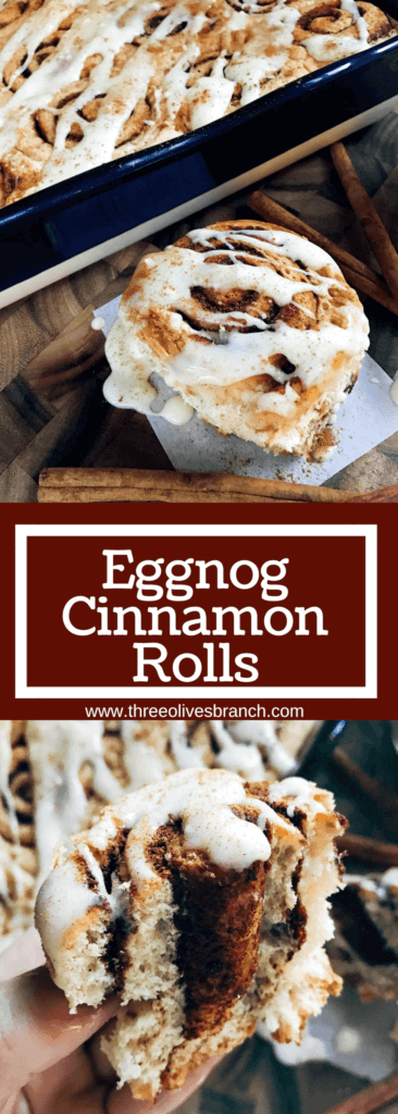 Eggnog Cinnamon Rolls are perfect for Christmas morning! Celebrate winter and the holiday season with a fun breakfast or brunch recipe. Eggnog, cinnamon, and nutmeg flavor these rolls. A great vegetarian food to make in advance. #christmasbrunch #christmasbreakfast #cinnamonrolls #eggnogrecipes #christmasrecipes