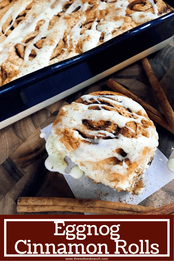 Eggnog Cinnamon Rolls are perfect for Christmas morning! Celebrate winter and the holiday season with a fun breakfast or brunch recipe. Eggnog, cinnamon, and nutmeg flavor these rolls. A great vegetarian food to make in advance. #christmasbrunch #christmasbreakfast #cinnamonrolls #eggnogrecipes #christmasrecipes