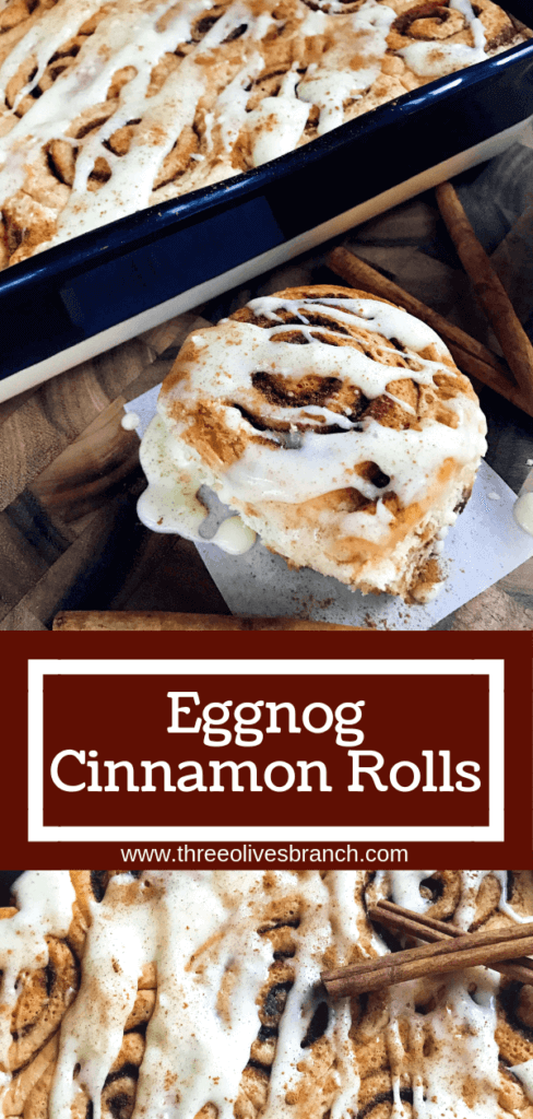 Eggnog Cinnamon Rolls are perfect for Christmas morning! Celebrate winter and the holiday season with a fun breakfast or brunch recipe. Eggnog, cinnamon, and nutmeg flavor these rolls. A great vegetarian food to make in advance. #christmasbrunch #christmasbreakfast #cinnamonrolls #eggnogrecipes #christmasrecipes