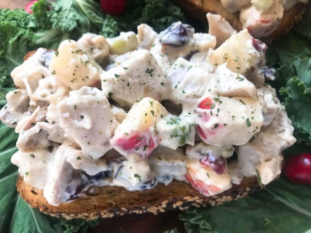 Ready in 10 minutes, Leftover Turkey Apple Salad recipe is a great gluten free way to use up Thanksgiving turkey leftovers. Simple and fast to make, turkey is mixed with apple, dried cranberries, sage, and some gravy in a mayonnaise mixture. #thanksgivingleftovers #thanksgivingrecipes #turkeyrecipes #turkeyleftovers #glutenfree