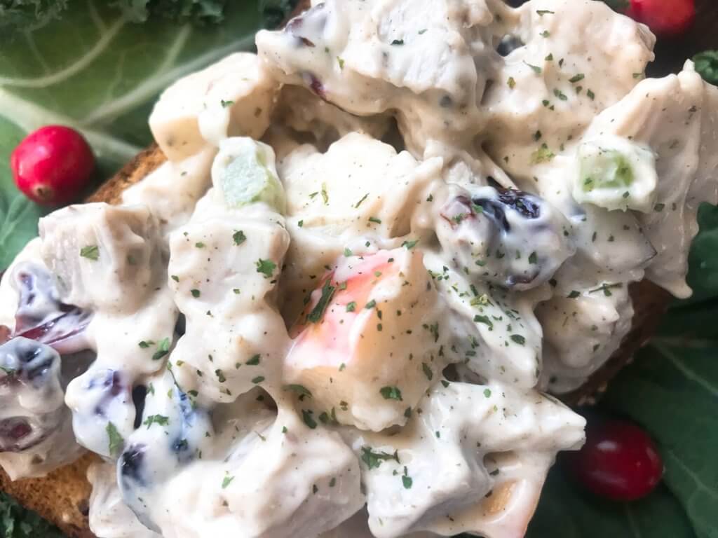 Ready in 10 minutes, Leftover Turkey Apple Salad recipe is a great gluten free way to use up Thanksgiving turkey leftovers. Simple and fast to make, turkey is mixed with apple, dried cranberries, sage, and some gravy in a mayonnaise mixture. #thanksgivingleftovers #thanksgivingrecipes #turkeyrecipes #turkeyleftovers #glutenfree