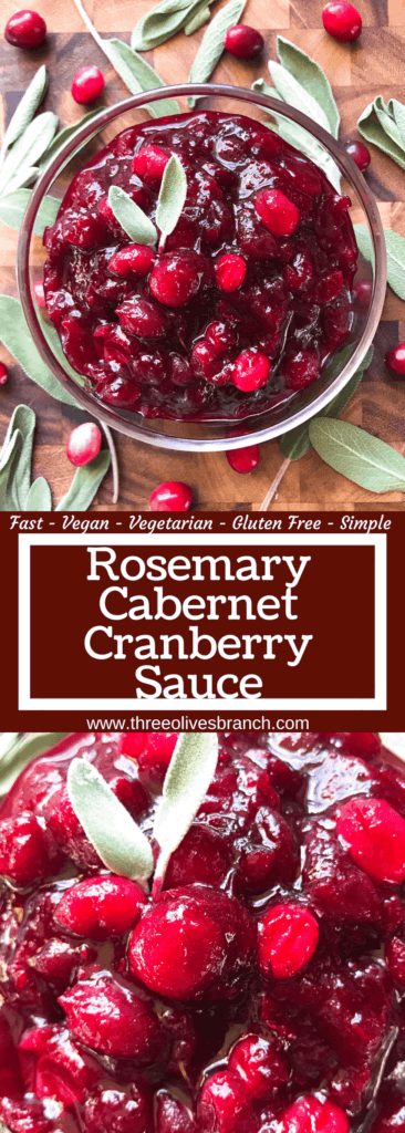 Ready in just 15 minutes, a quick and easy cranberry sauce recipe. Simple to make in advance. Rosemary Cabernet Wine Cranberry Sauce is vegetarian, vegan, gluten free, dairy free, and allergy free. #cranberrysauce #thanksgivingrecipes #holidayrecipes #christmasrecipes 