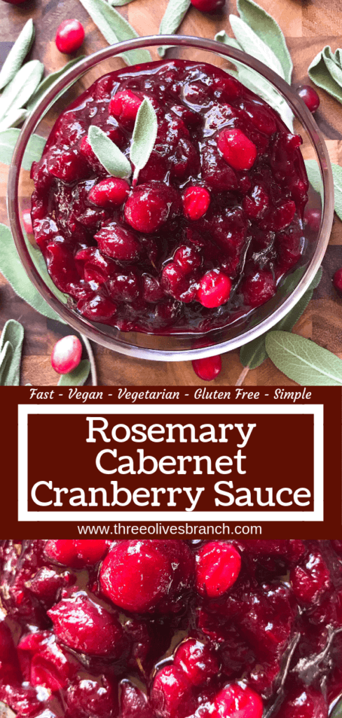 Ready in just 15 minutes, a quick and easy cranberry sauce recipe. Simple to make in advance. Rosemary Cabernet Wine Cranberry Sauce is vegetarian, vegan, gluten free, dairy free, and allergy free. #cranberrysauce #thanksgivingrecipes #holidayrecipes #christmasrecipes 
