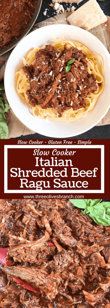 Slow Cooker Italian Shredded Beef Ragu Sauce recipe takes just 5 minutes to put together for a quick and simple comfort food dinner! Serve over pasta for an easy meal. Gluten free (gf), great for cold weather. #slowcooker #crockpot #italianrecipe