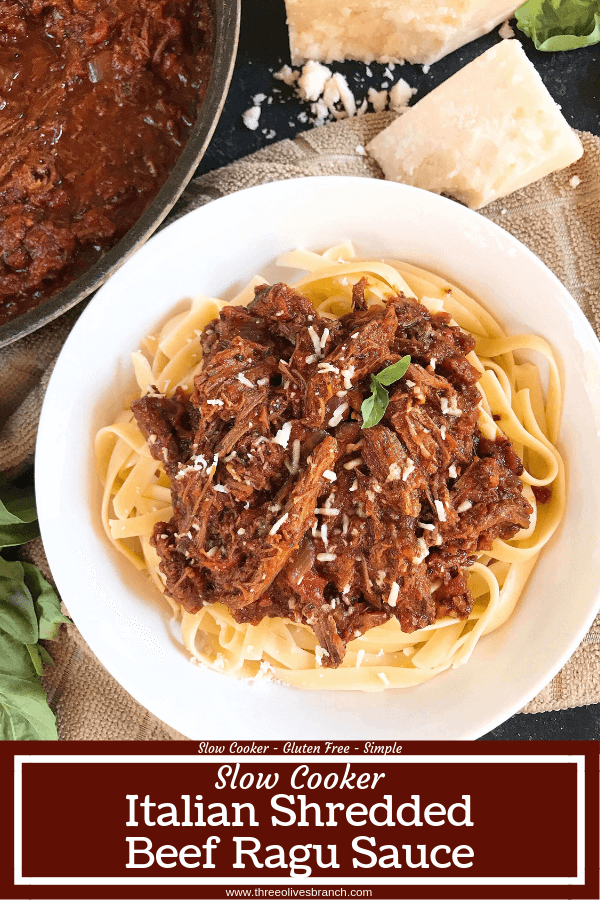 Slow Cooker Italian Shredded Beef Ragu Sauce recipe takes just 5 minutes to put together for a quick and simple comfort food dinner! Serve over pasta for an easy meal. Gluten free (gf), great for cold weather. #slowcooker #crockpot #italianrecipe