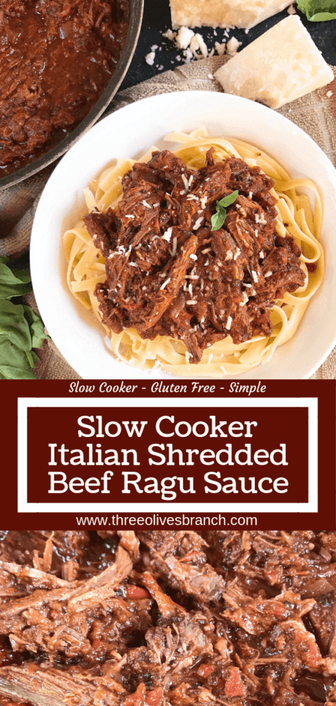 Slow Cooker Italian Shredded Beef Ragu Sauce recipe takes just 5 minutes to put together for a quick and simple comfort food dinner! Serve over pasta for an easy meal. Gluten free (gf), great for cold weather. #slowcooker #crockpot #italianrecipe