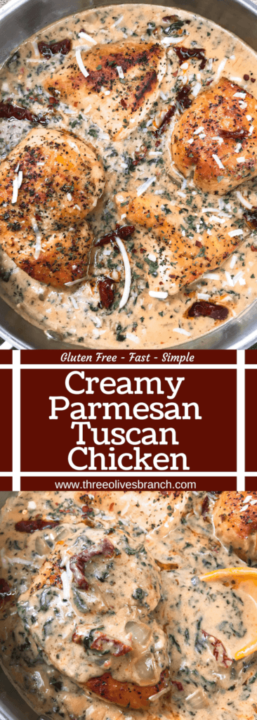 Ready in 30 minutes, this quick and simple skillet chicken recipe is perfect for busy nights. Sundried tomatoes, spinach, and chicken in a creamy Parmesan cheese sauce. Gluten free. Creamy Parmesan Tuscan Chicken #chickenrecipes #quickrecipes #easyrecipes #glutenfreerecipes