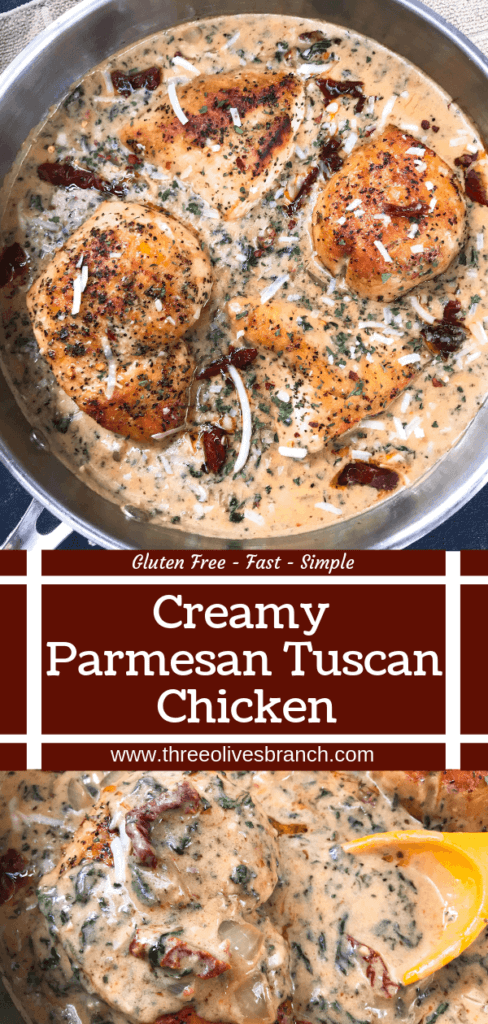 Ready in 30 minutes, this quick and simple skillet chicken recipe is perfect for busy nights. Sundried tomatoes, spinach, and chicken in a creamy Parmesan cheese sauce. Gluten free. Creamy Parmesan Tuscan Chicken #chickenrecipes #quickrecipes #easyrecipes #glutenfreerecipes