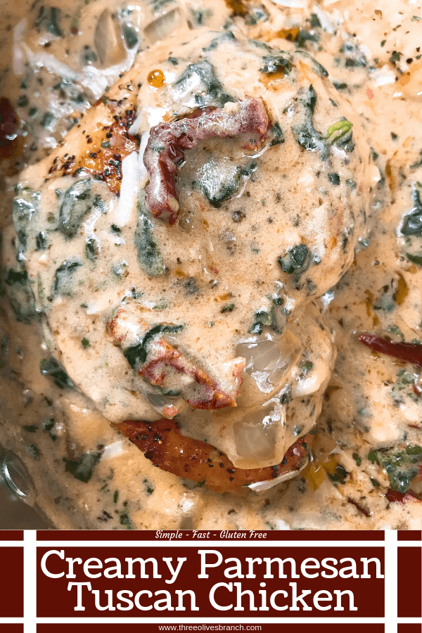 Ready in 30 minutes, this quick and simple skillet chicken recipe is perfect for busy nights. Sundried tomatoes, spinach, and chicken in a creamy Parmesan cheese sauce. Gluten free. Creamy Parmesan Tuscan Chicken #chickenrecipes #quickrecipes #easyrecipes #glutenfreerecipes