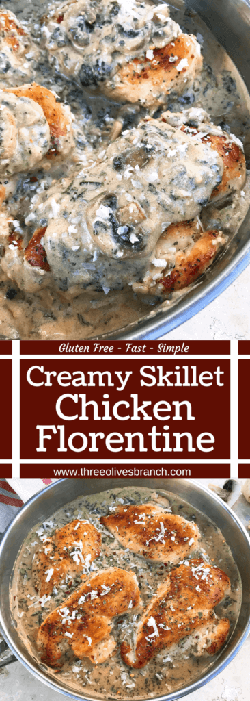 Ready in just 30 minutes, this Skillet Chicken Florentine one pot dinner is quick and simple to make. Chicken is browned and cooked in a creamy Parmesan sauce with spinach and mushrooms. Gluten free. #chickendinner #chickenrecipes #onepotrecipes #onepotdinner #glutenfreerecipes