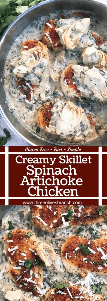 One pot Creamy Skillet Spinach Artichoke Chicken ready in 30 minutes for a fast and easy dinner recipe. Chicken is browned and served in a creamy Parmesan cheese sauce with spinach and artichoke hearts. Gluten free. #chickenrecipes #glutenfreerecipes #chickendinner