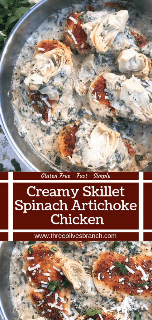 One pot Creamy Skillet Spinach Artichoke Chicken ready in 30 minutes for a fast and easy dinner recipe. Chicken is browned and served in a creamy Parmesan cheese sauce with spinach and artichoke hearts. Gluten free. #chickenrecipes #glutenfreerecipes #chickendinner