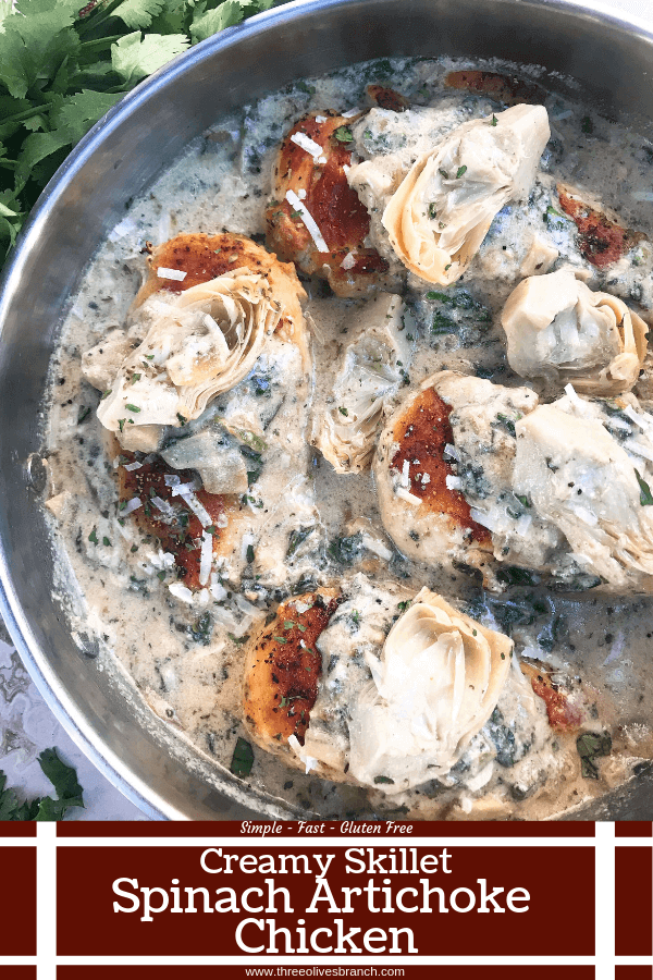 One pot Creamy Skillet Spinach Artichoke Chicken ready in 30 minutes for a fast and easy dinner recipe. Chicken is browned and served in a creamy Parmesan cheese sauce with spinach and artichoke hearts. Gluten free. #chickenrecipes #glutenfreerecipes #chickendinner
