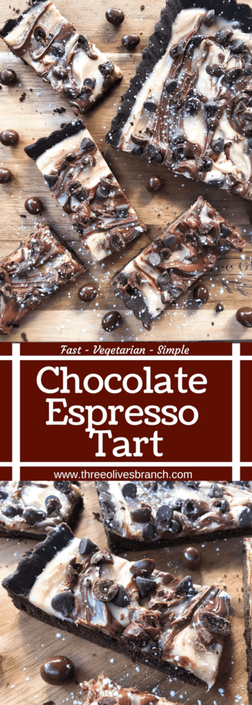 A quick and easy indulgent dessert, this Chocolate Espresso Tart is ready in just 30 minutes. A soft cocoa cookie shell is filled with a coffee cream cheese, Nutella chocolate hazelnut spread, chocolate espresso beans, and chocolate chips. #chocolateespresso #chocolatedesserts #fastdesserts #tartrecipes #chocolaterecipes