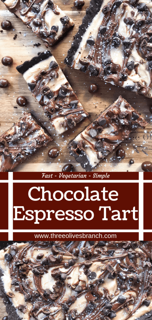 A quick and easy indulgent dessert, this Chocolate Espresso Tart is ready in just 30 minutes. A soft cocoa cookie shell is filled with a coffee cream cheese, Nutella chocolate hazelnut spread, chocolate espresso beans, and chocolate chips. #chocolateespresso #chocolatedesserts #fastdesserts #tartrecipes #chocolaterecipes