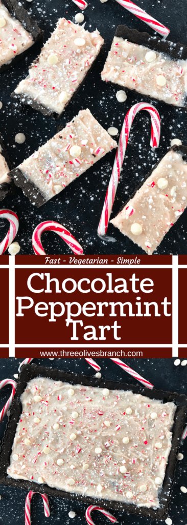 A simple Christmas baking recipe ready in 30 minutes. Chocolate Peppermint Tart is a soft cocoa shell filled with a peppermint cream cheese filling and topped with crushed candy canes and white chocolate. Fast and easy vegetarian holiday recipe. #chocolatepeppermint #christmasdessert #peppermintrecipes