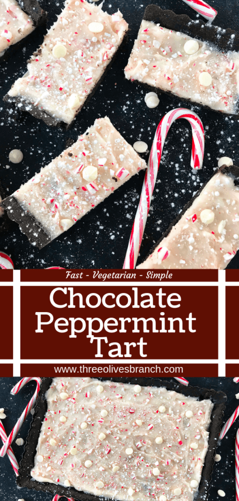 A simple Christmas baking recipe ready in 30 minutes. Chocolate Peppermint Tart is a soft cocoa shell filled with a peppermint cream cheese filling and topped with crushed candy canes and white chocolate. Fast and easy vegetarian holiday recipe. #chocolatepeppermint #christmasdessert #peppermintrecipes