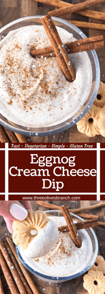 Ready in 5 minutes, this fast and easy holiday dessert is perfect for dunking Christmas cookies. Eggnog Cream Cheese Dip is made with cream cheese, sugar, eggnog, cinnamon, and nutmeg for a simple Christmas dessert. Vegetarian and gluten free. #christmasdessert #eggnog #christmasrecipe