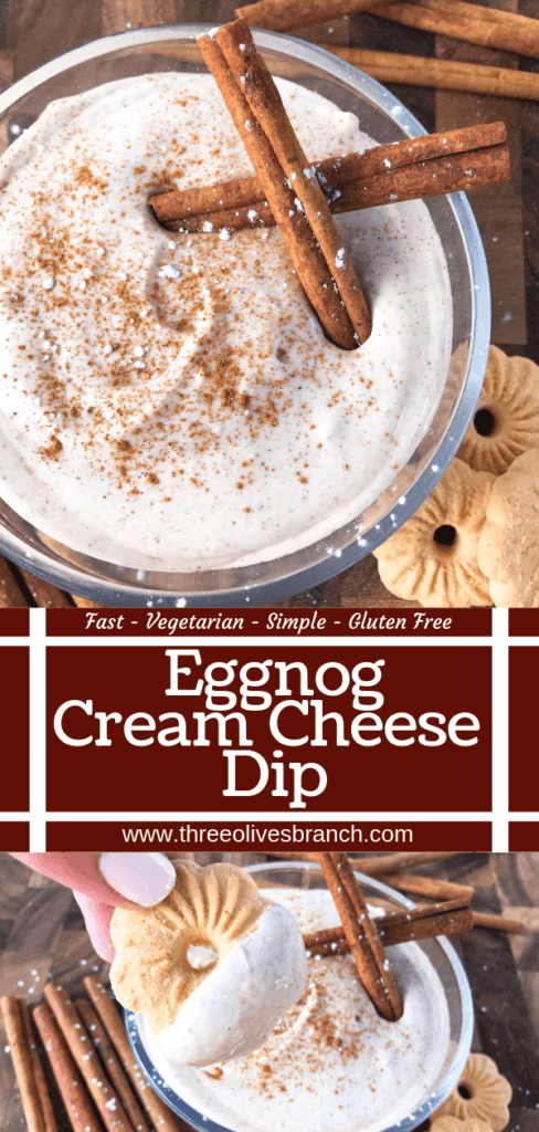Ready in 5 minutes, this fast and easy holiday dessert is perfect for dunking Christmas cookies. Eggnog Cream Cheese Dip is made with cream cheese, sugar, eggnog, cinnamon, and nutmeg for a simple Christmas dessert. Vegetarian and gluten free. #christmasdessert #eggnog #christmasrecipe