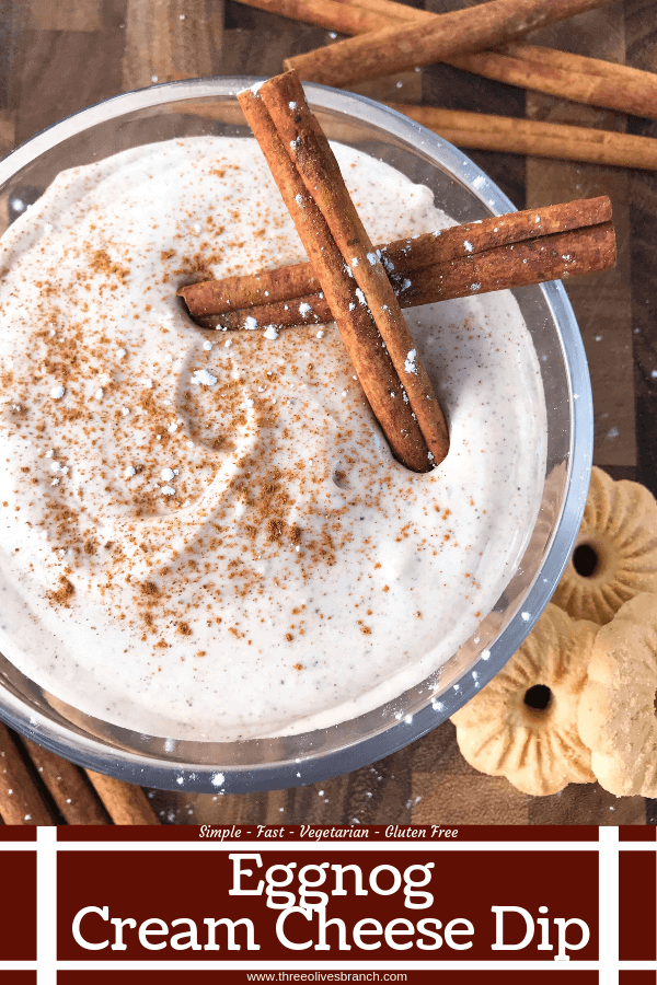 Ready in 5 minutes, this fast and easy holiday dessert is perfect for dunking Christmas cookies. Eggnog Cream Cheese Dip is made with cream cheese, sugar, eggnog, cinnamon, and nutmeg for a simple Christmas dessert. Vegetarian and gluten free. #christmasdessert #eggnog #christmasrecipe