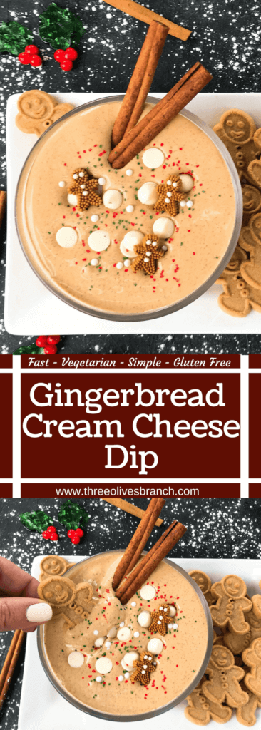 This fast and easy holiday Christmas dessert recipe is ready in 5 minutes. Gingerbread Cream Cheese Dip is gluten free, vegetarian, and flavored with cinnamon, molasses, nutmeg, and ginger. Dunk gingerbread cookies, apples, and pears. #christmasrecipe #holidaydessert #christmasdessert