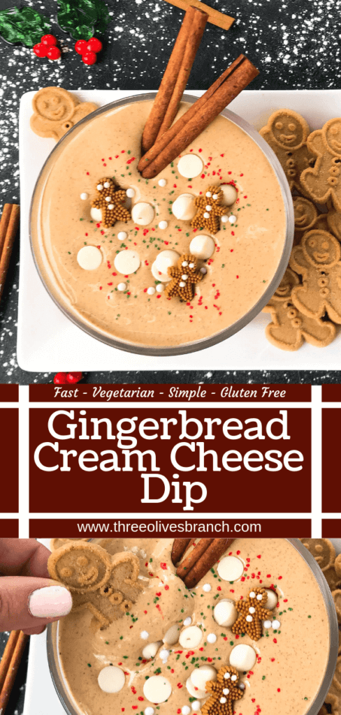 This fast and easy holiday Christmas dessert recipe is ready in 5 minutes. Gingerbread Cream Cheese Dip is gluten free, vegetarian, and flavored with cinnamon, molasses, nutmeg, and ginger. Dunk gingerbread cookies, apples, and pears. #christmasrecipe #holidaydessert #christmasdessert