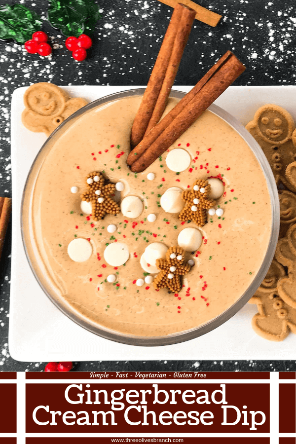 This fast and easy holiday Christmas dessert recipe is ready in 5 minutes. Gingerbread Cream Cheese Dip is gluten free, vegetarian, and flavored with cinnamon, molasses, nutmeg, and ginger. Dunk gingerbread cookies, apples, and pears. #christmasrecipe #holidaydessert #christmasdessert